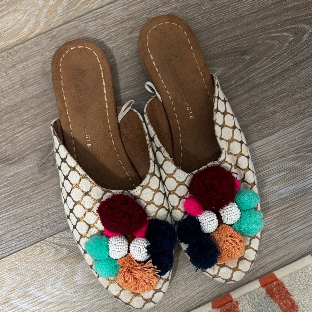 Anthropology Colorful Pom Pom Slip-On Shoes